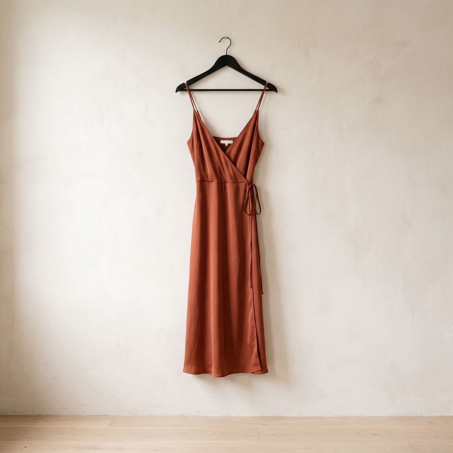 Dresses collection - terracotta silk midi wrap dress