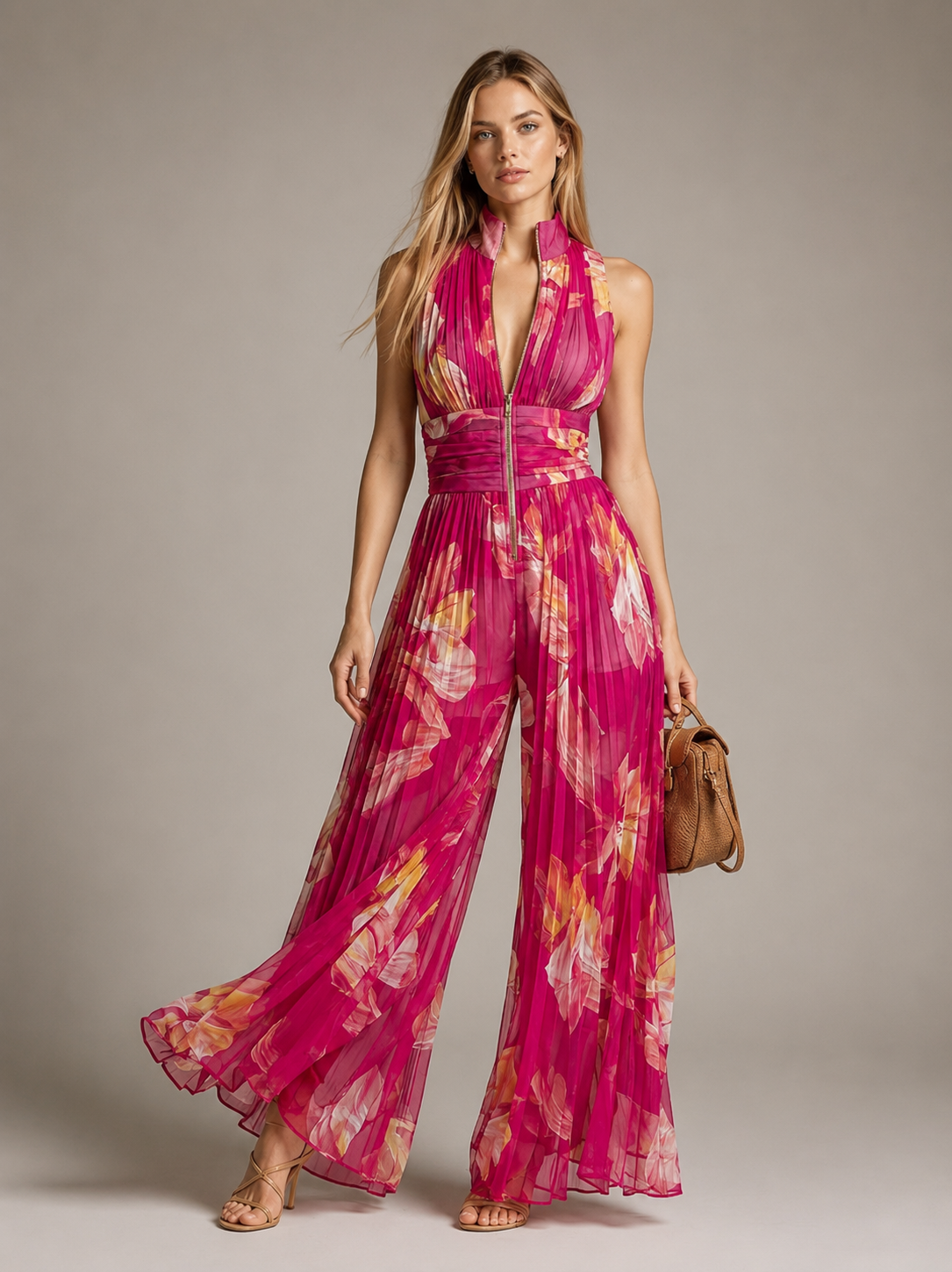 Leila | Fuchsia Floral Pleated Chiffon Jumpsuit