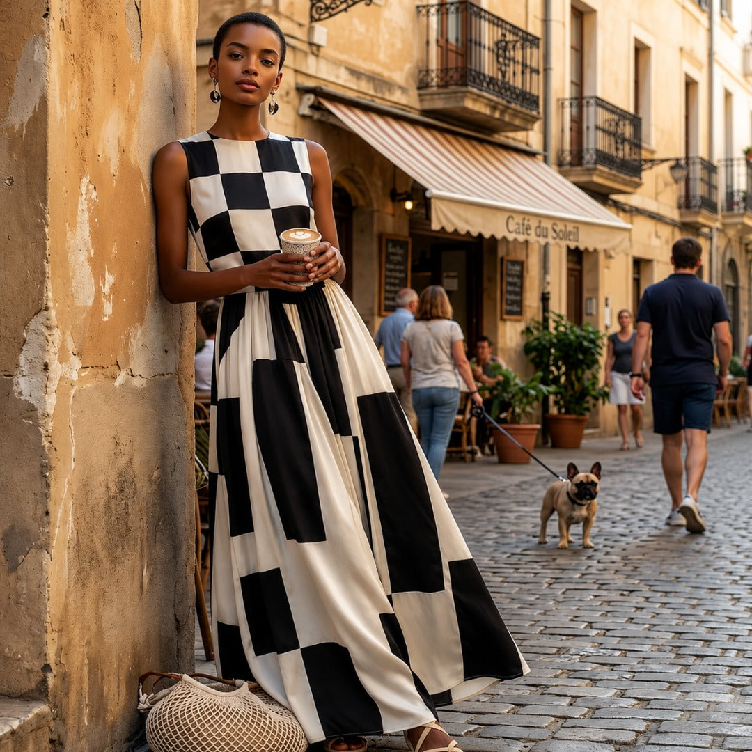 Elsie | Checkerboard Panel Maxi Dress