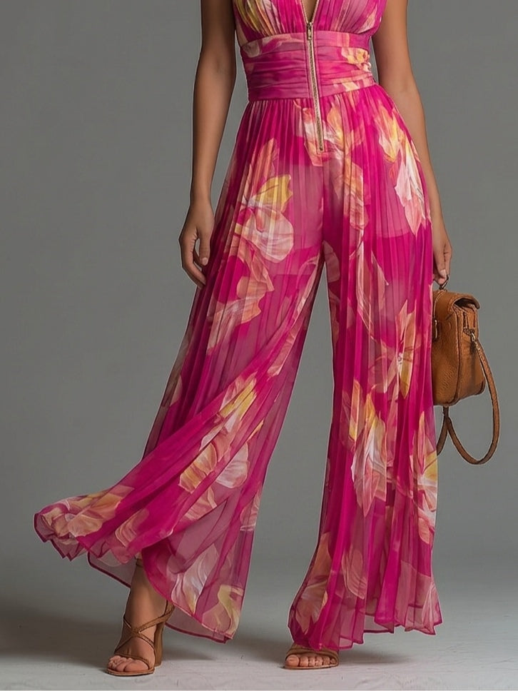 Leila | Fuchsia Floral Pleated Chiffon Jumpsuit