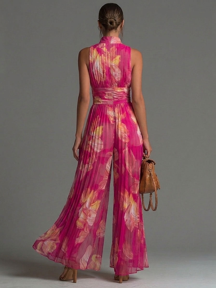 Leila | Fuchsia Floral Pleated Chiffon Jumpsuit