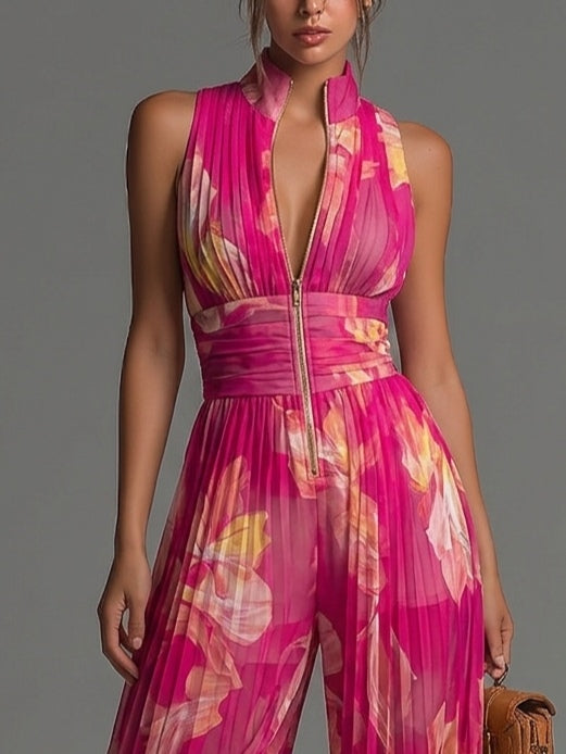 Leila | Fuchsia Floral Pleated Chiffon Jumpsuit