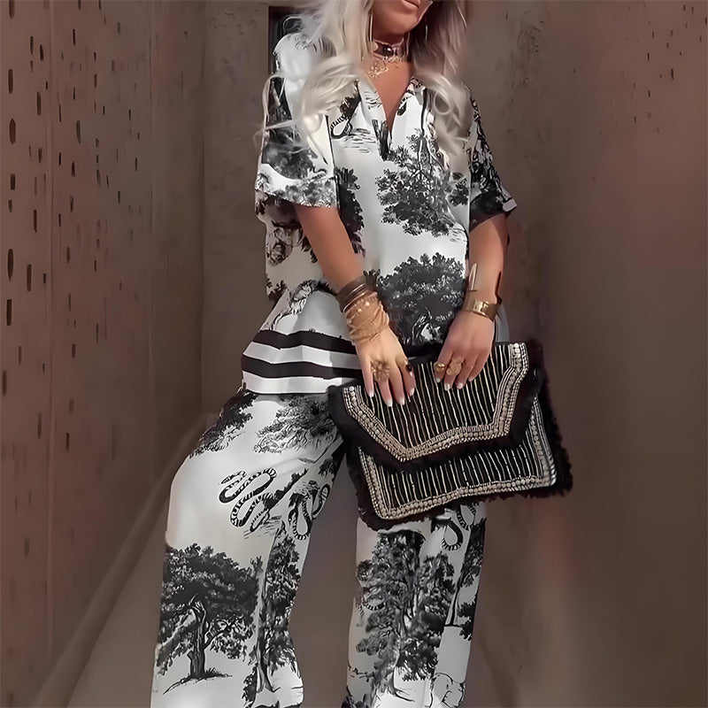 Camille | Printed V-Neck Top & Trouser Set